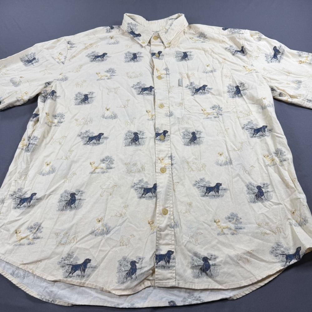 Woolrich Mens XL Moccasin Dogs Print Shirt Cotton Short Sleeve Button Down 6169 - Picture 2 of 8